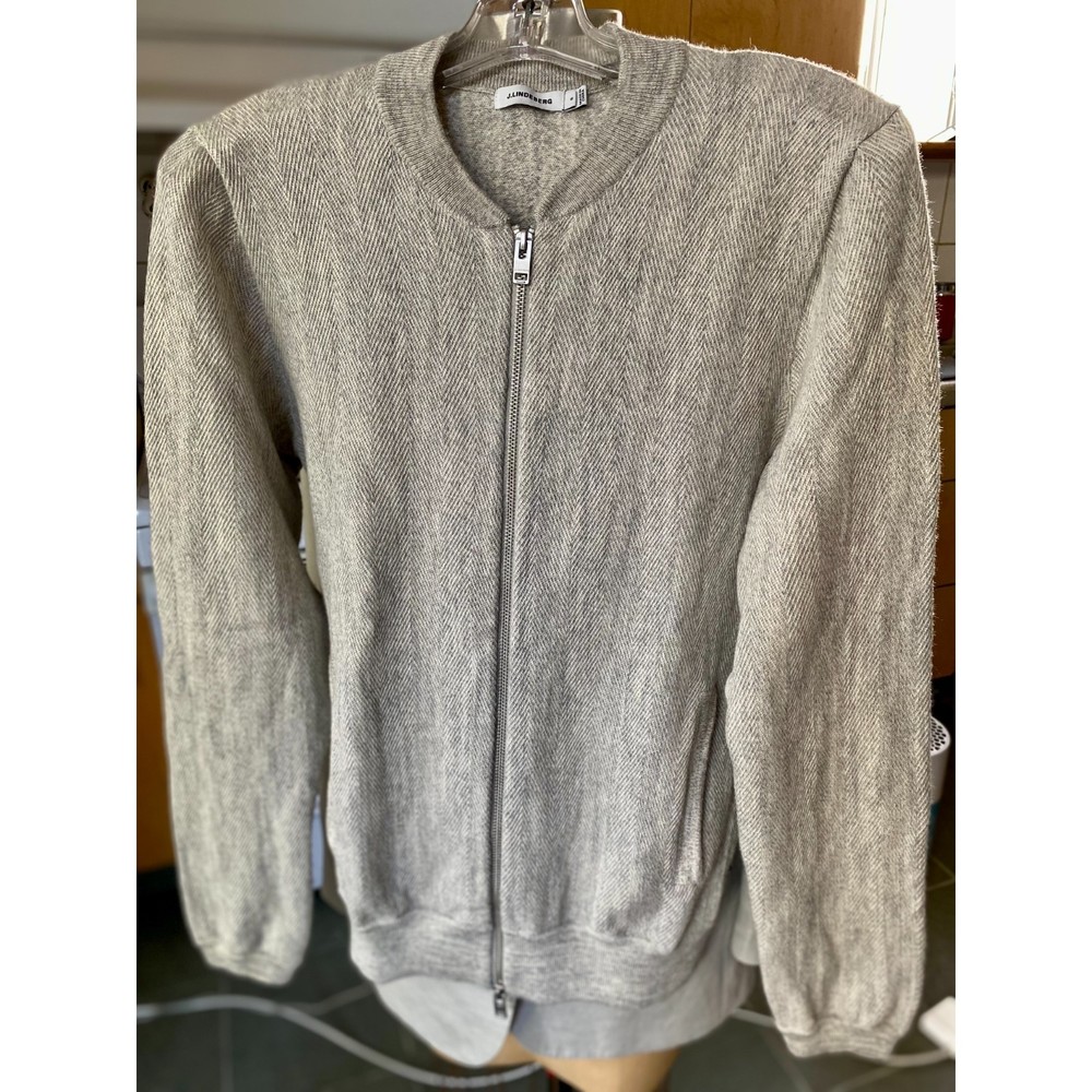 J. Lindeberg Light Grey 100% Wool Herringbone Stripe Full Zip Sweater Size EU S